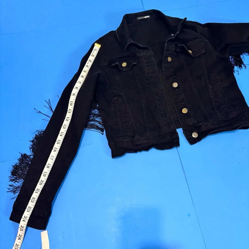 Fashion Nova Coastal Cowgirl Whimsigoth Black Fringe Jean Jacket